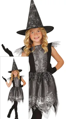 Immagine prodotto di Costume da strega bambini Abito cappello Halloween argento disegno ragnatela Strega misteriosa Notte magica Festa spettrale elegante Atmosfera magica Mondo oscuro stregato Idea costume Stile classico, taglia: 110/116 Colore: argento
