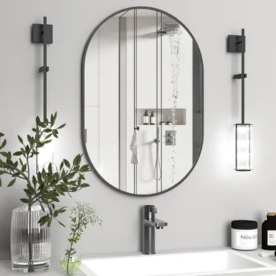 Immagine prodotto di Specchio da parete ovale, 60x90 cm, con cornice in metallo nero, ideale per il bagno