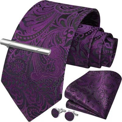 Image de Ensemble de cravates pour hommes comprenant une cravate, une pochette de costume, une pince à cravate et des boutons de manchettes, couleur violet/noir