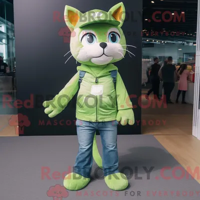 Produktbild von Maskottchenkostüm REDBROKOLY Limettengrüne Katze mit Bootcut-Jeans und Beanies