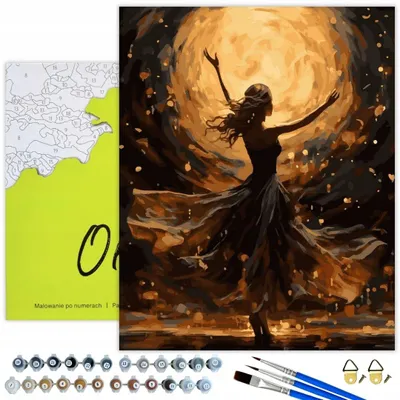 Produktbild von Oh Art! Malen nach Zahlen Schwarz Leinwand – Tanzende Frau 50x40 cm Mit Rahmen 22 Farben Gold Acrylfarben Pinsel Set für Erwachsene und Kinder