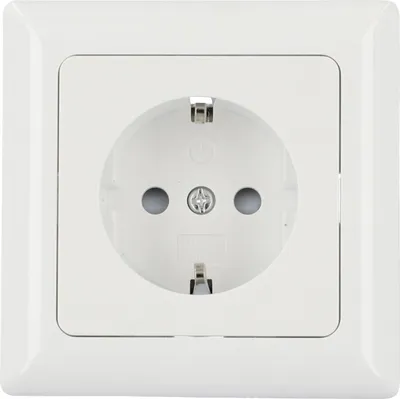 A close-up studio shot of a white electrical outlet.