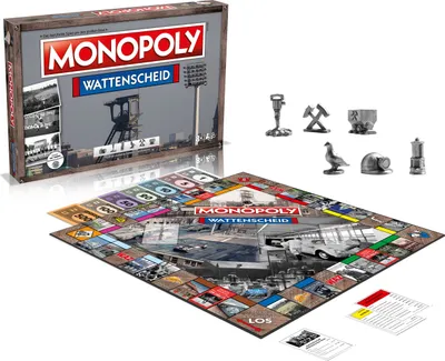 A Monopoly board game box and board are displayed, along with game pieces.