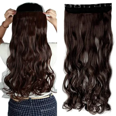 Image de Extensions à clipser, ondulées, 43 cm, brun moyen, 1 pièce, 5 clips, pièce capillaire synthétique pour femmes