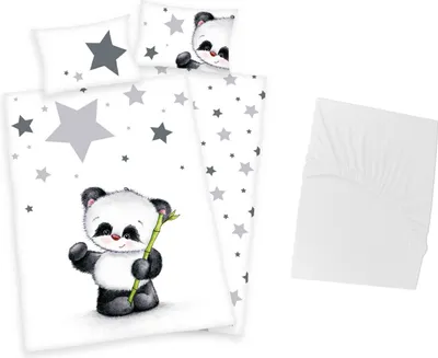 Produktbild von 3 tlg Baby Bettwäsche Set - Panda - Renforcé - 40x60 100x135 cm + 1 Spannbettlaken weiß 60x120 - 70x140 cm