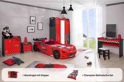 Produktbild von Kinderzimmer komplett Set Autobett Rio 5 teilig Rot , Sportsitze:ohne Sportsitze, Matratze:ohne Matratze, Bettwäsche:mit Bettwäsche, Wandregal:Wandregal mit Klappe
