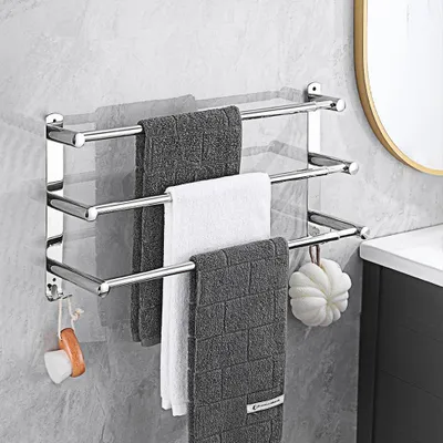 Obrázok produktu pre Držiak na uteráky, nastaviteľný, 43-78 cm - Držiak na uteráky na upevnenie na stenu - Nerezová oceľ - Moderný dizajn - S háčikmi - Čierna/Leštená
