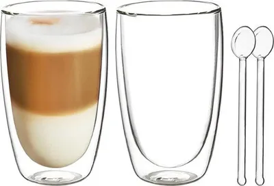 Produktbild von Famanu Doppelwandige Gläser 400 ml - Isolierte Latte Macchiato- und Cappuccino-Becher mit Löffel
