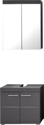 A two-piece bathroom vanity set consisting of a mirrored cabinet and a base cabinet with drawers and a sink cutout.