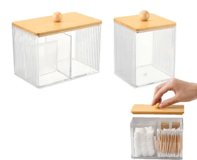Produktbild von Set aus 2 transparenten Aufbewahrungsboxen für Wattestäbchen mit Bambusdeckel