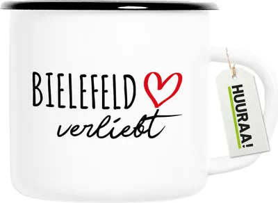 Produktbild von Huuraa Emaille Tasse Bielefeld verliebt 300ml Vintage Campingbecher Geschenkidee