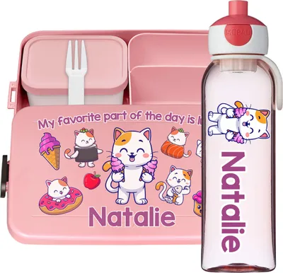 Produktbild von Lunchbox Set für Kinder Mädchen zur Schule Personalisiert mit Namen Brotdose Wasserflasche Trinkflasche BPA frei Essen für Unterwegs mit Gabel und Bento Fach To Go Kitties [153]