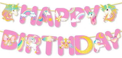 Obrázok produktu pre Girlanda "Happy Birthday" s motívom jednorožca, ružová, 15 kusov, papierová
