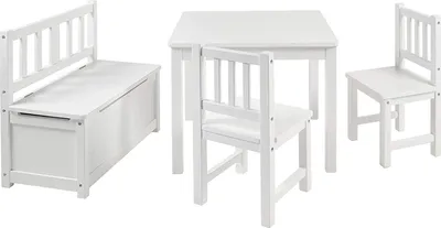 Produktbild von BOMI® Kindertisch mit 2 Stühle mit integrierter Spielzeugkiste | Kindertruhenbank aus Kiefer Massiv Holz für Kleinkinder, Mädchen und Jungen Weiß