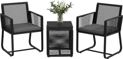 Produktbild von Outsunny 3-teiliges Rattan Gartenmöbel-Set, Sitzgruppe, Gartengarnitur mit 2 Gartenstühle, Beistelltisch mit Tischplatte aus Hartglas, Kissen, für Balkon, Schwarz