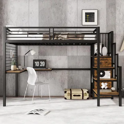 Productafbeelding van okwish, een eenpersoonsbed met matras (90x200 cm), een jeugdbed met bureau en garderobekast, een bedframe met een leuning en een zijladder, in zwart en donker hout