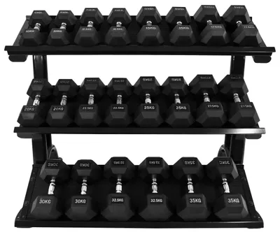 Obrázek produktu pro Sada činek – 10 až 35 kg – Robustní hexagonální tvar – Litinové, s gumovým povrchem – Pro fitness centra