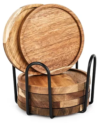 Produktbild von Untersetzer aus Akazienholz - 6 Stück rund mit Halter - für Gläser Tassen und Getränke - Ø 10 cm