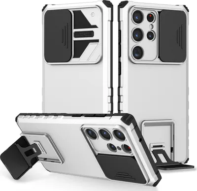 Produktbild von Galaxy S23 Ultra Hülle, Dual Layer Ständer Schutzhülle mit Schiebe Kamera Schutz für Samsung Galaxy S23 Ultra Weiß