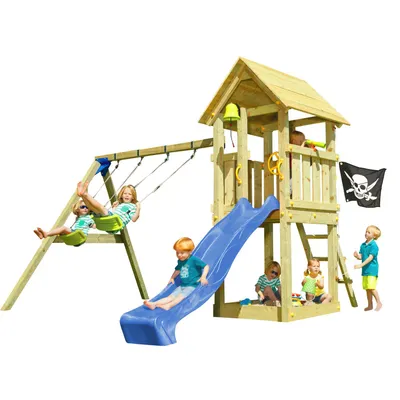 Produktbild von Spielturmking Spielturm KIOSK mit Rutsche + Doppelschaukel - Blau 1,50 m DH254