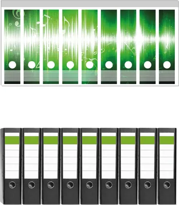 Produktbild von Wallario 9 Stück breite Ordner inkl. Klebeetiketten mit Motive Grüne Noten der Musik -  Set mit Rückenschildern / Ordnerrücken Stickern