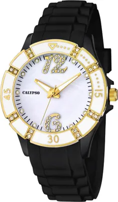 Produktbild von Calypso Armbanduhr Damenuhr Analoguhr 5 ATM mit Zirkonia K5650, Farbe:schwarz/weiß/gelbgold