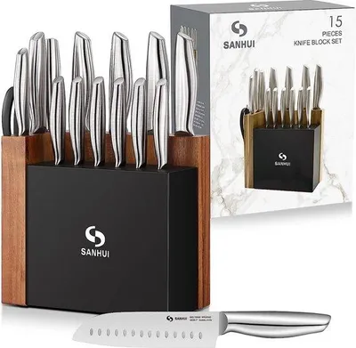 Image de Ensemble de couteaux de cuisine Unyqoos® comprenant 15 pièces avec bloc à couteaux : acier inoxydable 50Cr15MoV, couteau de chef de 20 cm, couteau Santoku de 18 cm, couteau à pain, aiguiseur de couteaux, couteaux à steak, ciseaux de cuisine