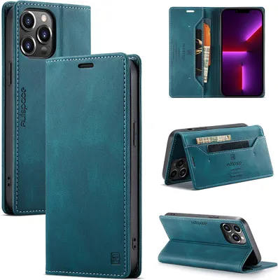 Image de Étui pour iPhone 14 Pro, étui rétro en cuir PU, support et étui de protection bleu