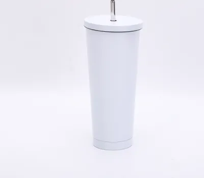 Image de Mug en acier inoxydable de 750 ml avec paille et couvercle, mug isotherme sous vide, mug de voyage, mug isotherme pour boissons froides ou chaudes, blanc, 750 ml, acier inoxydable