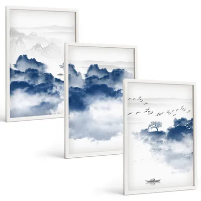 Produktbild von Bilder Set 3-teilig im weißen Rahmen – Wandbilder 3 Stück – gerahmte Poster für Wohnzimmer, Schlafzimmer und Flur – 40x60 cm – Berge, Wolken, Bäume, Vögel