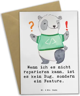 Produktbild von Mr. & Mrs. Panda Klappkarte Feature Charme - Weiß - Geschenk, Berufsliebe, Grußkarten, dankeskarten, Programmierer, Beruf, osterkarte, kreative Geschenke, babykarte, Bug