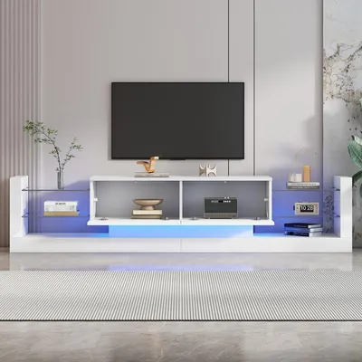 Immagine prodotto di Mobile TV da 181 cm, bianco, con illuminazione LED, ante in vetro e due cassetti a ribalta, adatto per televisori fino a 80 pollici
