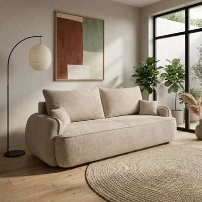 Produktbild von Couch OVELLA Modernes 3-Sitzer Bouclé-Schlafsofa mit Schlaffunktion, DL-Automat und Bettkasten – gemütliche Couch Dunkelbeige