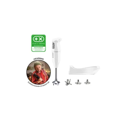 Der kabellose Stabmixer ESGE-Zauberstab® Weiß 95100 von Unold mit Aufsätzen und weißem Standfuß ist 