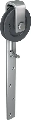 A close-up studio shot of a metal pulley system with a dark gray wheel.