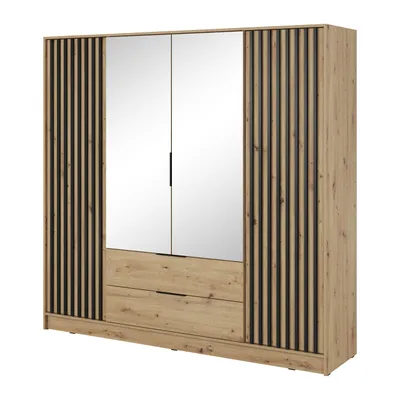 Zdjęcie produktu dla Szafa Czterodrzwiowa 206 cm Bella Dąb Artisan i Czarne Lamele z Lustrem
