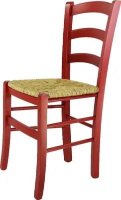 A red wooden chair with a straw seat is shown against a white background.