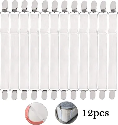 Produktbild von 12 Stück Verstellbare Betttuchspanner,Elastische Bettlakenspanner, Weiß Lakenspanner mit Metallklammern Spannbettlakenhalter Metallclips, für Bettlaken, Matratze, Bügelbrett Oder Sofa