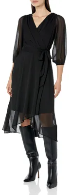 Produktbild von DKNY Damen Plissee Faux Wrap Kleid, Tiefschwarz, 32