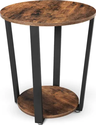 A round side table with a wood-grain top and a lower shelf, supported by black metal legs, isolated on a white background.