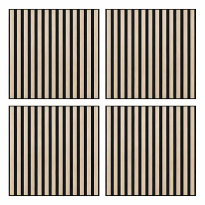 Productafbeelding van Wandpaneelset, 4 stuks, 60x60 cm – MDF 3D-wanddecoratie in licht eikenhout (houtlook) met zwarte lamellen, moderne akoestische wandtegels voor de woonkamer
