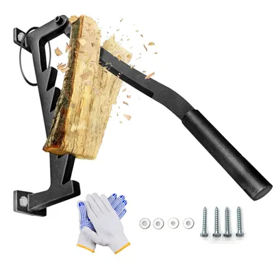 A manual log splitter with a piece of wood being split, along with gloves and screws.
