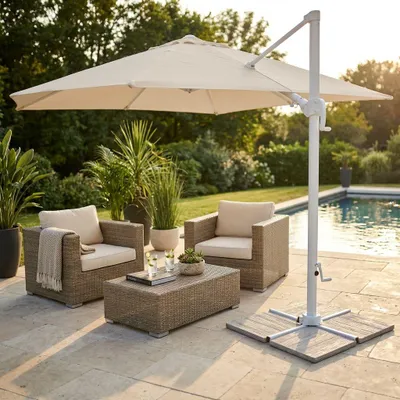 Immagine prodotto di Milani Home - ombrellone da giardino 3 x 3 m palo laterale decentrato in alluminio, telo tortora e bianco, per terrazzo, piscina e dehor