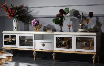 Produktbild von Casa Padrino Luxus Barock Fernsehschrank Weiß / Gold 241 x 43 x H. 67 cm - Barock Wohnzimmerschrank mit 4 Türen und Schublade