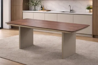 Obrázok produktu pre Štýlový hnedý jedálenský stôl s robustnou drevenou doskou – elegantný jedálenský stôl