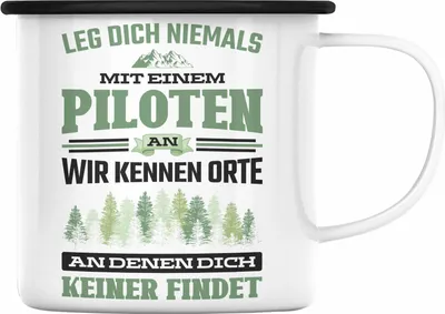 Produktbild von Trendation - Pilot Geschenk Emaille Tasse Flugzeug Fliegen Geschenkidee Piloten Emaille Emaille Tasse (Schwarz)