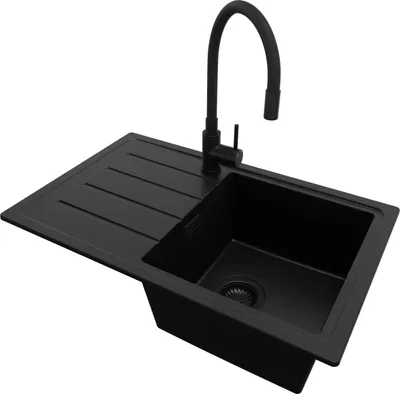Produktbild von PRIMAGRAN Granitspüle Alles Schwarz 70x44cm, Spülbecken 1 Becken + Küchenarmatur 40x38cm + Ablauf-Set, Küchenspüle ab 45er Unterschrank - Kopenhagen Easy