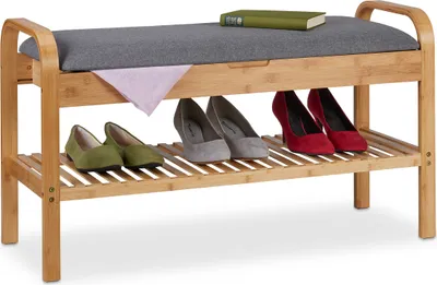 Image de Banc à chaussures Relaxdays, pour 4 paires de chaussures, H x l x P 50 x 90 x 33 cm, assise moelleuse avec espace de rangement, étagère à chaussures en bambou, naturel/gris