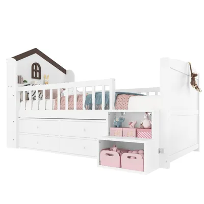 Produktbild von Halbhohes Bett,90x200cm,Hausform,Fenster,4 Schubladen,LED-Lichtleiste,Lagerleiter,ohne Matratze,Weiß