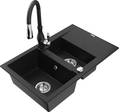 Produktbild von Mexen Gaspar 1,5-Becken-Granitspüle mit Abtropffläche und Mischbatterie Savita, Schwarz - 6507-77-672601-70